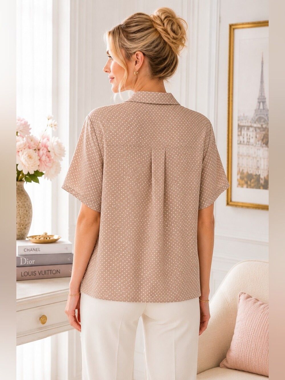 Jones New York Polka Dot Button Front Blouse Tan White Short Sleeve Size 12 - Picture 2 of 11